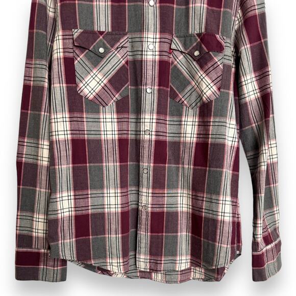 Levi's Burgundy and Gray Plaid Pearl Snap Western Shirt Men's Size M - Picture 4 of 9
